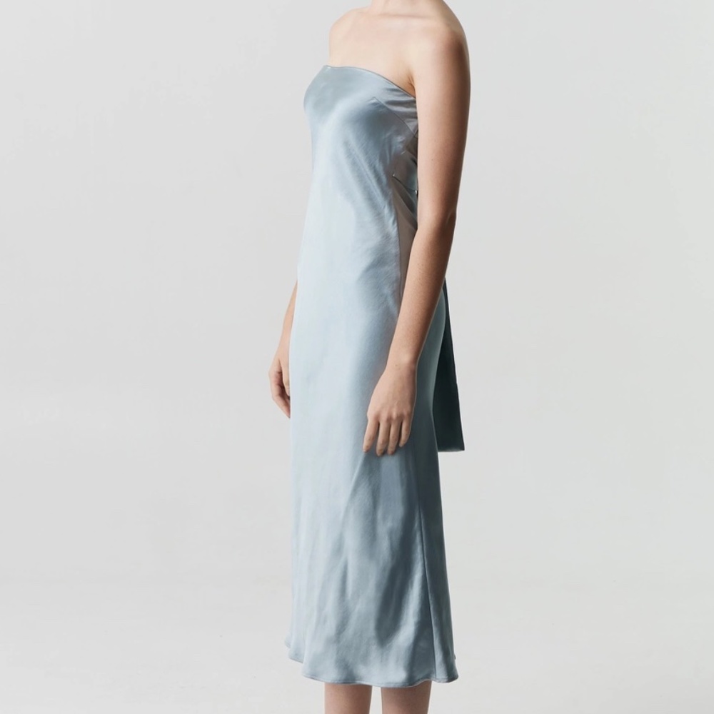 Satin tie back strapless midi